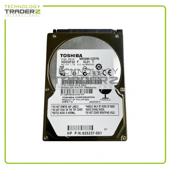 625237-001 HP 500GB 7.2K SATA 3Gbps 2.5” Hard Drive MK5061GSYN HDD2F22 W/O Tray