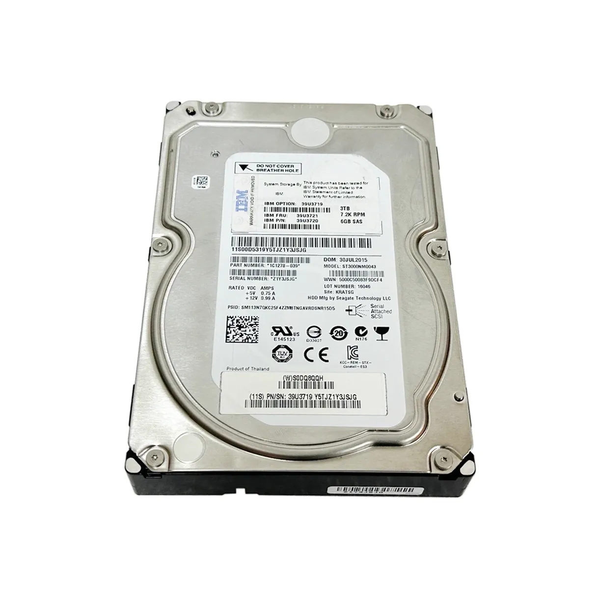 IBM 39U3720 3TB 7.2K SAS 6Gbps 3.5-in Hard Drive 39U3721 ST3000NM0043 W-O Tray